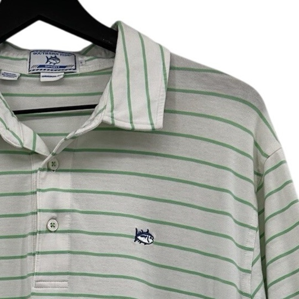 Southern‎ Tide Sport Golf Polo Men's Large Cream Green Striped Peninsula Logo